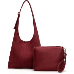Montana West Hobo Bags Purse for Women Ultra Soft Foldable Shoulder Slouchy Handbags with Cosmetic bag(Suede-burgundy)