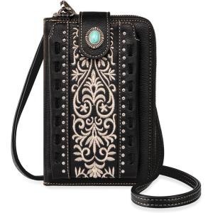 Montana West Small Crossbody Bags for Women Western Handbag with Cash Slots(Embroidered Black)