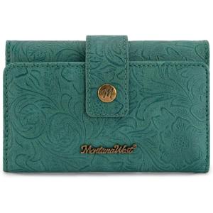 Montana West Small Women’s Wallet Black Cow Print Card Wallets for Women Trifold Travel Wallet Ladies Female Wallets RFID Blocking Western Card Cash Wallett with ID Window(Turquoise)