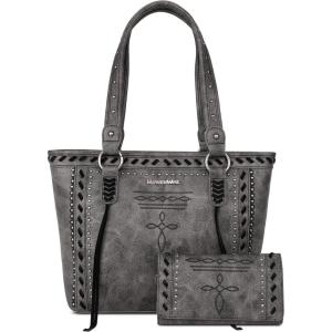 Montana West Spiritual Collection Western Tote Bag for Women Vegan Leather Shoulder Handbag with Wallet(Grey)