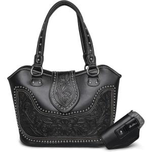 Montana West Western Tote Bag for Women Tooled Shoulder Bag Ladies Purses and Handbags(A-tooling Black)
