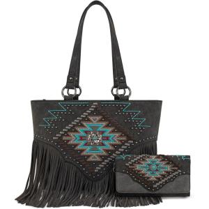 Montana West Western Tote Bag for Women Tooled Shoulder Purse with Wallet 2Pcs Set(Fringe Black)