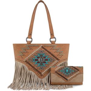 Montana West Western Tote Bag for Women Tooled Shoulder Purse with Wallet 2Pcs Set(Fringe Brown)