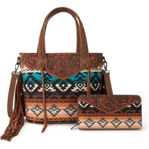 Montana West Western Tote Bag for Women Tooled Shoulder Purse with Wallet 2Pcs Set(Tooled Brown)