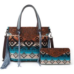 Montana West Western Tote Bag for Women Tooled Shoulder Purse with Wallet 2Pcs Set(Tooled Jean)