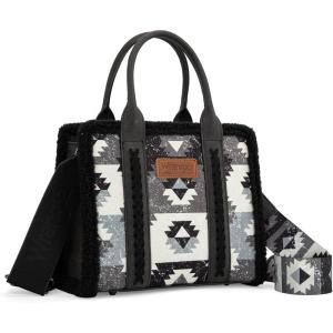 Montana West Wrangler Boho Tote Bag Aztec Top Handle Handbags and Purses(Sherpa Black-wide Strap)