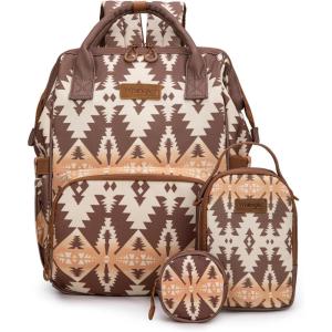 Montana West Wrangler Callie Diaper Bag Backpack with Pacifier Case, Crossbody Bottle Bag and Stroller Straps Western Pattern Multifunction Baby Travel Bag Set WG2215-9110LV(3pcs-brown)