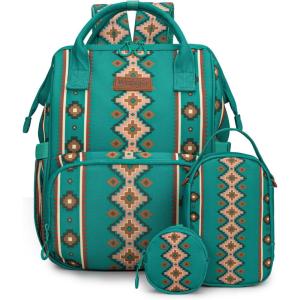 Montana West Wrangler Callie Diaper Bag Backpack with Pacifier Case, Crossbody Bottle Bag and Stroller Straps Western Pattern Multifunction Baby Travel Bag Set WG2215-9110LV(3pcs-turquoise)