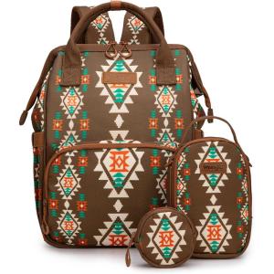 Montana West Wrangler Callie Diaper Bag Backpack with Pacifier Case, Crossbody Bottle Bag and Stroller Straps Western Pattern Multifunction Baby Travel Bag Set WG2215-9110LV(3pcs-coffee)