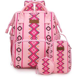 Montana West Wrangler Callie Diaper Bag Backpack with Pacifier Case, Crossbody Bottle Bag and Stroller Straps Western Pattern Multifunction Baby Travel Bag Set WG2215-9110LV(3pcs-pink)