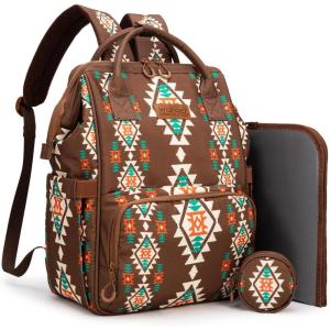 Montana West Wrangler Diaper Bag Backpack Aztec Travel Backpack Purses Western Multi-Function Baby Bags for Mom with Waterproof Insulated Pockets(3pcs Coffee)