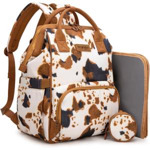 Montana West Wrangler Diaper Bag Backpack Aztec Travel Backpack Purses Western Multi-Function Baby Bags for Mom with Waterproof Insulated Pockets(3pcs Cow Print Brown)