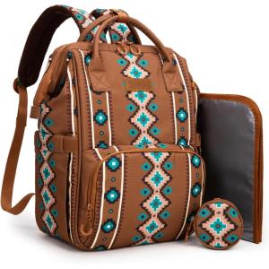 Montana West Wrangler Diaper Bag Backpack Aztec Travel Backpack Purses Western Multi-Function Baby Bags for Mom with Waterproof Insulated Pockets(3pcs Dark Brown)