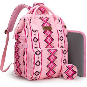 Montana West Wrangler Diaper Bag Backpack Aztec Travel Backpack Purses Western Multi-Function Baby Bags for Mom with Waterproof Insulated Pockets(3pcs Pink)