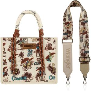 Montana West Wrangler Tote Bag Western Satchel Bags for Women with Braided Rope Handles(Wide Strap-cowgirl Tan)