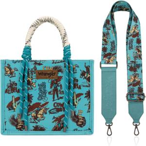 Montana West Wrangler Tote Bag Western Satchel Bags for Women with Braided Rope Handles(Wide Strap-cowgirl Turquoise)