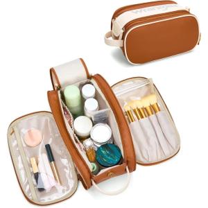Montana West X Wrangler Large Makeup Bag Travel Toiletry Bag Portable Cosmetic Bag Make Up Organizer with Divider and Handle for Women(Brown-Tan)