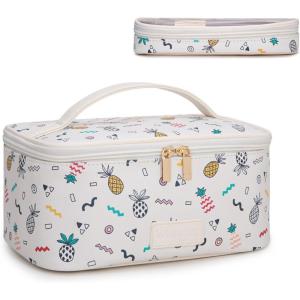 Montana West X Wrangler Travel Makeup Bag 2pcs Set Large Cosmetic Bag with Makeup Brush Holder Portable Make Up Organizer Cute Toiletry Bag with Divider and Handle for Women Cow Black(Beige)