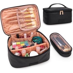 Montana West X Wrangler Travel Makeup Bag 2pcs Set Large Cosmetic Bag with Makeup Brush Holder Portable Make Up Organizer Cute Toiletry Bag with Divider and Handle for Women Cow Black(Black)
