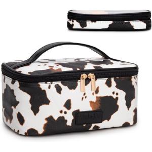 Montana West X Wrangler Travel Makeup Bag 2pcs Set Large Cosmetic Bag with Makeup Brush Holder Portable Make Up Organizer Cute Toiletry Bag with Divider and Handle for Women Cow Black(Cow-Brown)