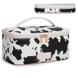 Montana West X Wrangler Travel Makeup Bag 2pcs Set Large Cosmetic Bag with Makeup Brush Holder Portable Make Up Organizer Cute Toiletry Bag with Divider and Handle for Women Cow Black(Cow-Black)