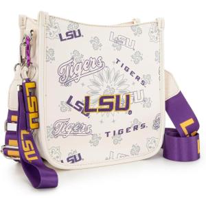 NCAA Officially Licensed Crossbody Bag for Women Game Day Purse Adjustable Strap & Charm Shoulder Handbags with Zipper(Lsu-beige)