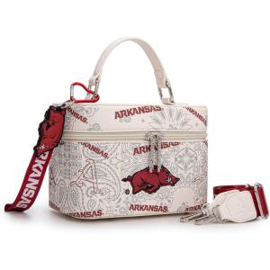 NCAA Officially Licensed Crossbody Box Purse – Game Day Top Handle Handbag with Adjustable Strap & Charm Makeup Bag(Afu-beige)