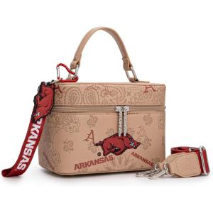 NCAA Officially Licensed Crossbody Box Purse – Game Day Top Handle Handbag with Adjustable Strap & Charm Makeup Bag(Afu-khaki)