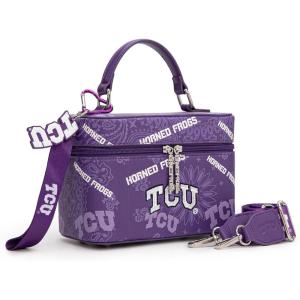 NCAA Officially Licensed Crossbody Box Purse – Game Day Top Handle Handbag with Adjustable Strap & Charm Makeup Bag(Horned Frogs-purple)