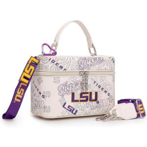 NCAA Officially Licensed Crossbody Box Purse – Game Day Top Handle Handbag with Adjustable Strap & Charm Makeup Bag(Louisiana State University-beige)