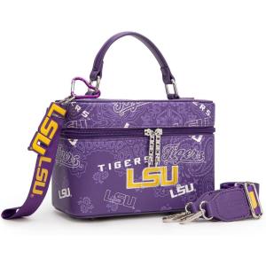 NCAA Officially Licensed Crossbody Box Purse – Game Day Top Handle Handbag with Adjustable Strap & Charm Makeup Bag(Louisiana State University-purple)