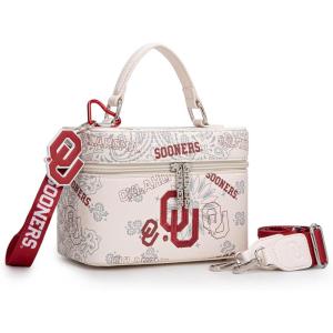 NCAA Officially Licensed Crossbody Box Purse – Game Day Top Handle Handbag with Adjustable Strap & Charm Makeup Bag(Oklahoma Sooners-beige)