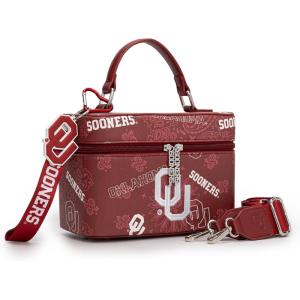 NCAA Officially Licensed Crossbody Box Purse – Game Day Top Handle Handbag with Adjustable Strap & Charm Makeup Bag(Oklahoma Sooners-burgundy)