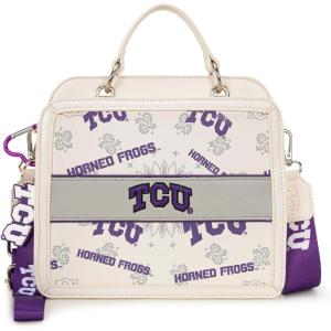 NCAA Officially Licensed Top-Handle Leather Tote, Game Day Handbag Purse for Women, Convertible Crossbody Bag with Strap(Tcu-beige)