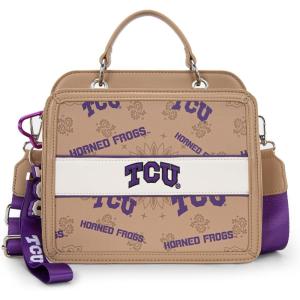NCAA Officially Licensed Top-Handle Leather Tote, Game Day Handbag Purse for Women, Convertible Crossbody Bag with Strap(Tcu-khaki)