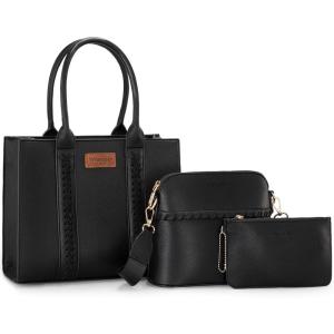 Wrangler 3Pcs Purses for Women Tote Bag Crossbody Handbag Sets with Strap(Black)