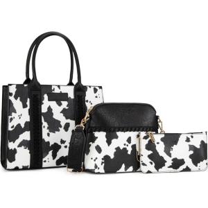 Wrangler 3Pcs Purses for Women Tote Bag Crossbody Handbag Sets with Strap(Cow Black)