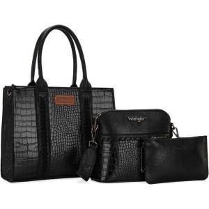 Wrangler 3Pcs Purses for Women Tote Bag Crossbody Handbag Sets with Strap(Crocodile Black)