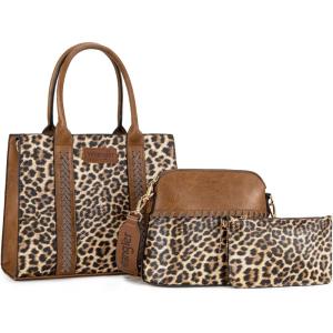 Wrangler 3Pcs Purses for Women Tote Bag Crossbody Handbag Sets with Strap(Leopard Brown)