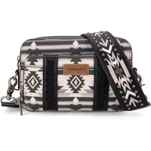 Wrangler Crossbody Bag for Women Boho Aztec Small Multi Pocket Crossover Purse(Angel Diamond Black With Adjustable Strap)