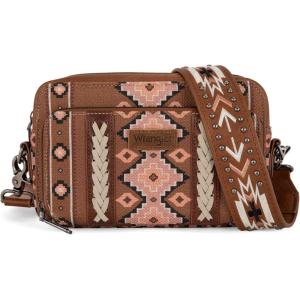 Wrangler Crossbody Bag for Women Boho Aztec Small Multi Pocket Crossover Purse(Angel Diamond Brown With Adjustable Strap)