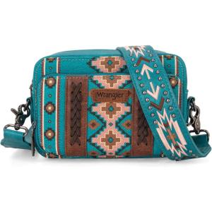 Wrangler Crossbody Bag for Women Boho Aztec Small Multi Pocket Crossover Purse(Angel Diamond Dark Turquoise With Adjustable Strap)