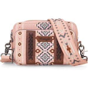 Wrangler Crossbody Bag for Women Boho Aztec Small Multi Pocket Crossover Purse(Angel Diamond Pink With Adjustable Strap)