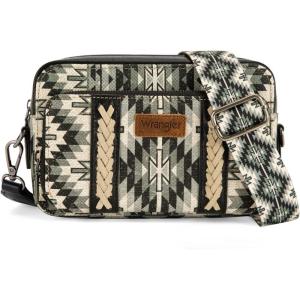 Wrangler Crossbody Bag for Women Boho Aztec Small Multi Pocket Crossover Purse(Angel Retro Black)