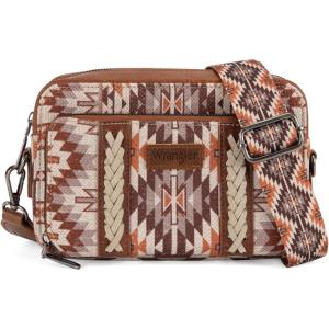 Wrangler Crossbody Bag for Women Boho Aztec Small Multi Pocket Crossover Purse(Angel Retro Brown)