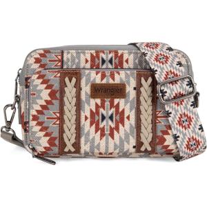 Wrangler Crossbody Bag for Women Boho Aztec Small Multi Pocket Crossover Purse(Angel Retro Grey)