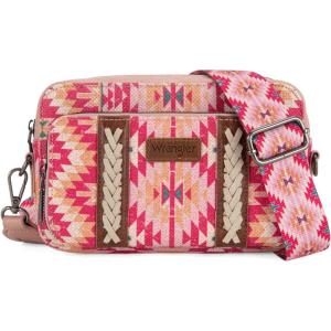 Wrangler Crossbody Bag for Women Boho Aztec Small Multi Pocket Crossover Purse(Angel Retro Pink)