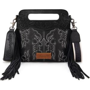 Wrangler Crossbody Bags for Women Western Fringe Top Handle Handbags Embroidered Boot Scroll Crossbody Bag(A-medium-black)