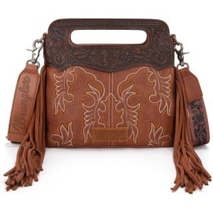 Wrangler Crossbody Bags for Women Western Fringe Top Handle Handbags Embroidered Boot Scroll Crossbody Bag(A-medium-brown)
