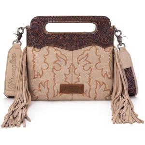 Wrangler Crossbody Bags for Women Western Fringe Top Handle Handbags Embroidered Boot Scroll Crossbody Bag(A-medium-tan)